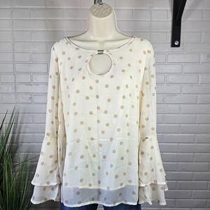 Entro Cream Polka Dot Bell Sleeve Chiffon Blouse Size Small